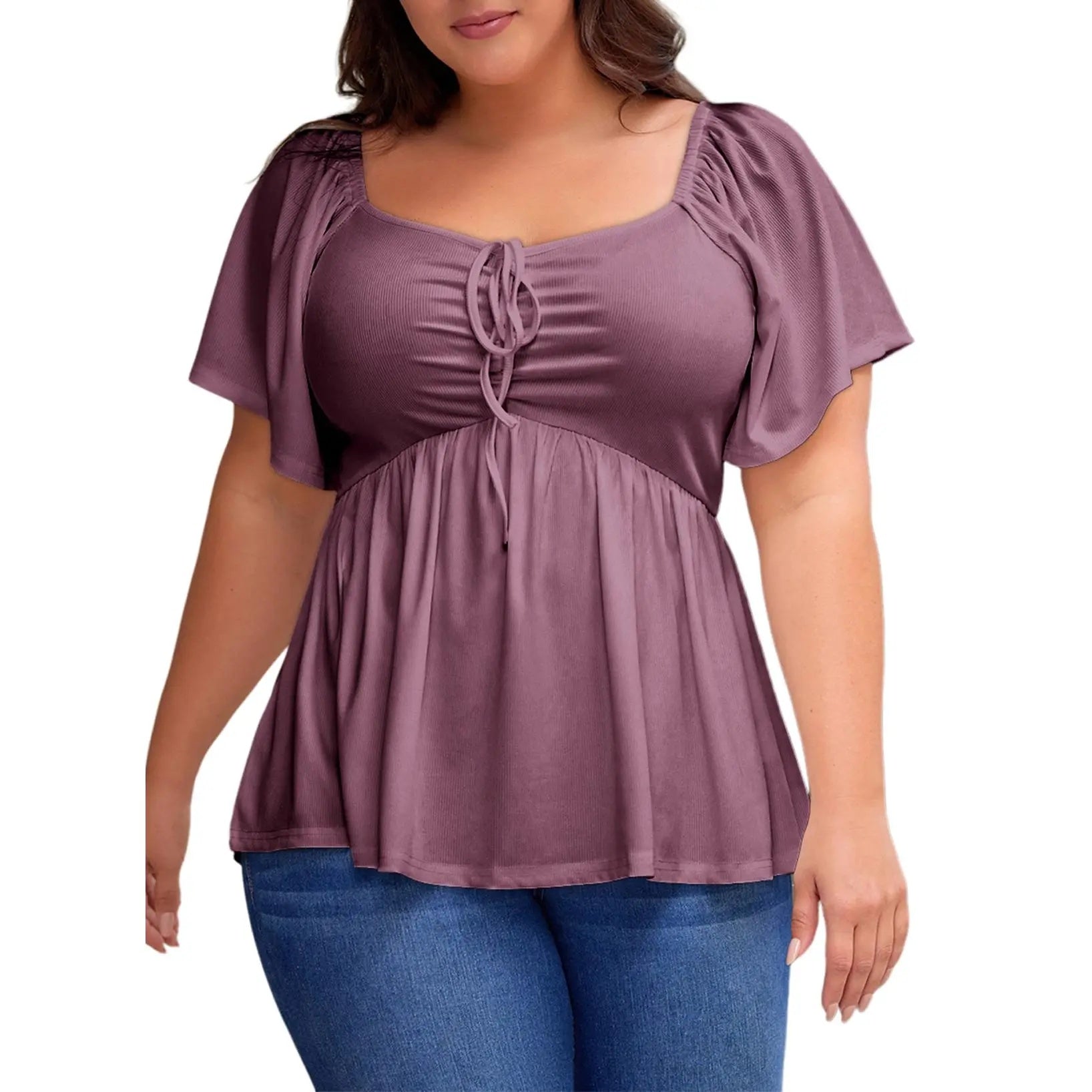 ✨⏰Women Plus Size Sweetheart Neck Short Sleeve Shirred Peplum Rib Blouse Tops Shirts(1X-5X)
