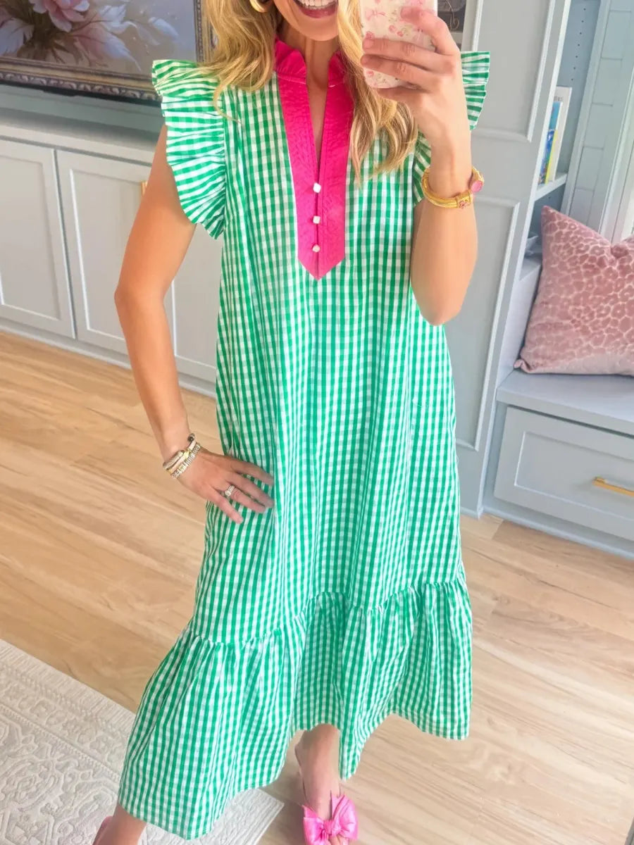 ✨⏰Fresh Chic Gingham Midi Dress with Ruffle Sleeves