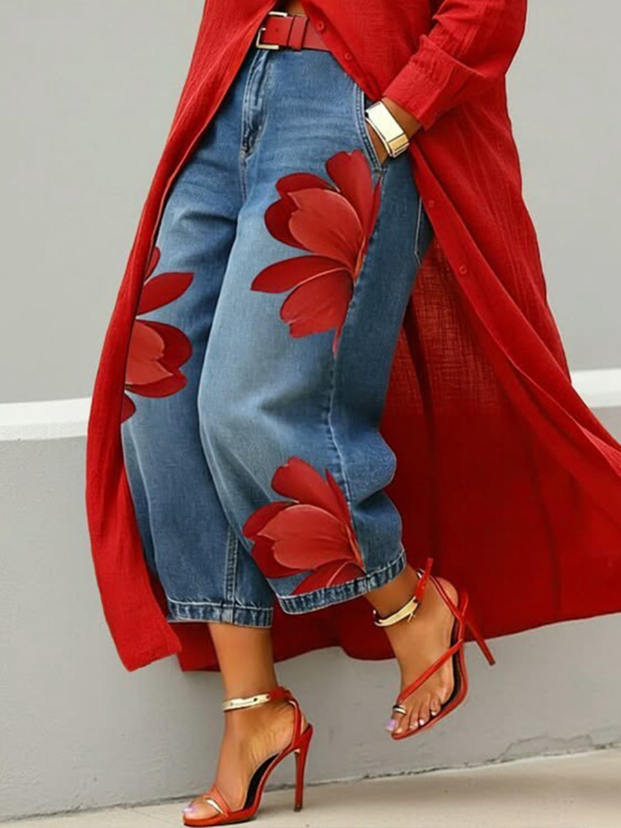 ✨⏰LAST DAY SAVE 49% ⏰Women's Vintage Wash Red Floral Embroidered Denim Pants