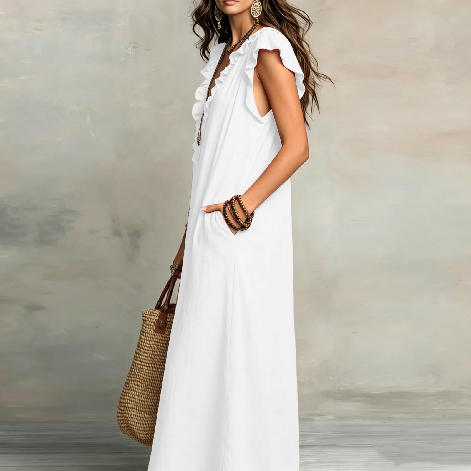 ✨⏰2026 Summer Solid Color Elegant Temperament Flying Sleeve Dress