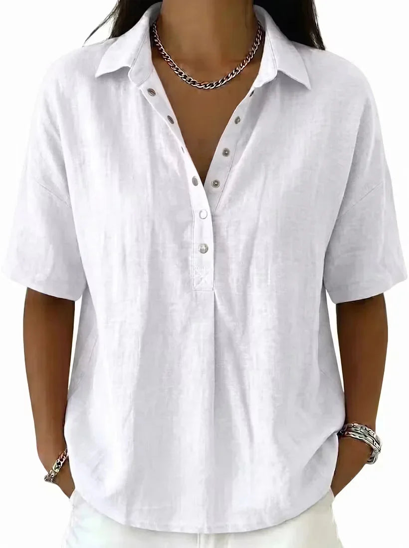 Women's Classic Linen Shirt Collar Short Sleeve Shirt T Shirts