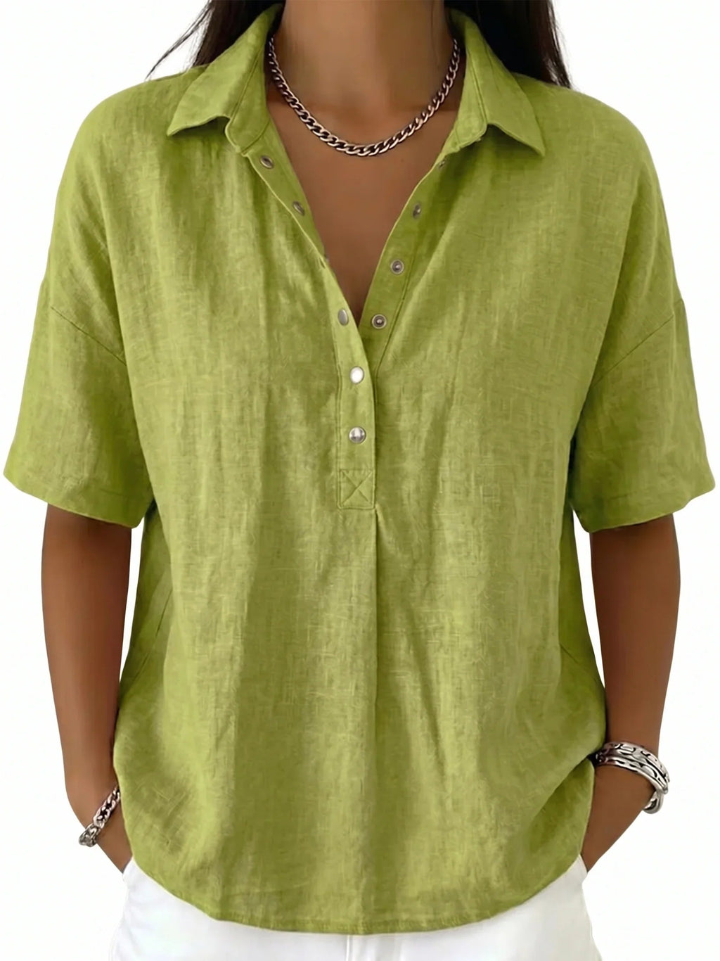 Women's Classic Linen Shirt Collar Short Sleeve Shirt T Shirts