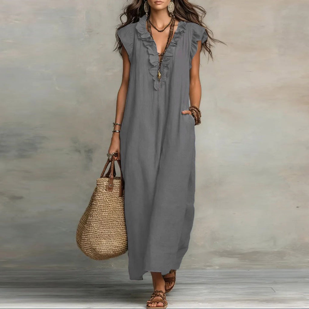 ✨⏰2026 Summer Solid Color Elegant Temperament Flying Sleeve Dress