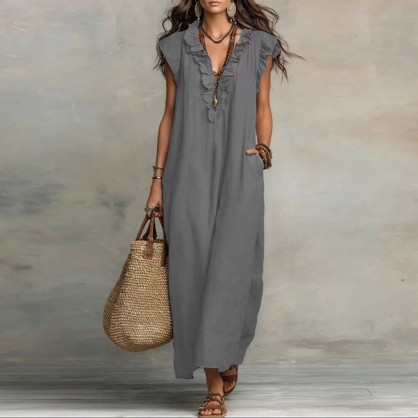 ✨⏰2026 Summer Solid Color Elegant Temperament Flying Sleeve Dress