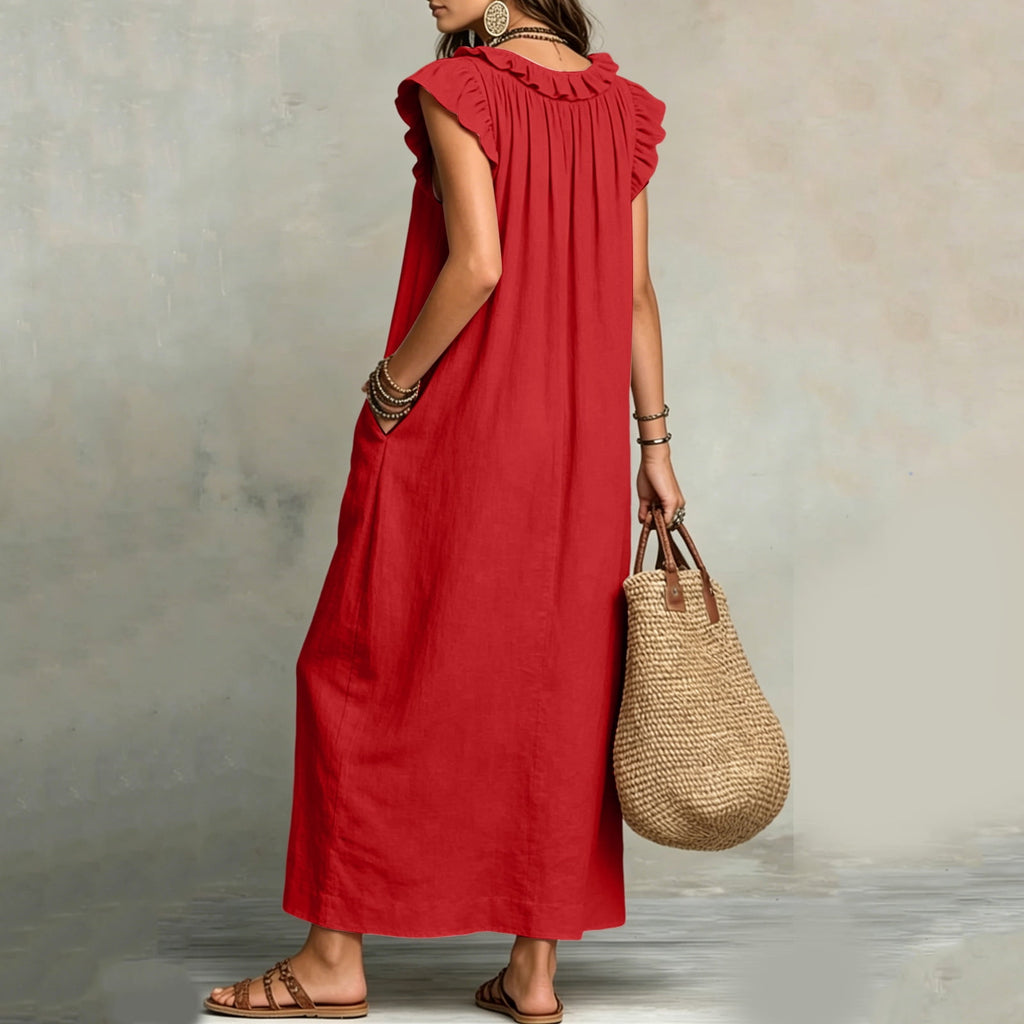 ✨⏰2026 Summer Solid Color Elegant Temperament Flying Sleeve Dress
