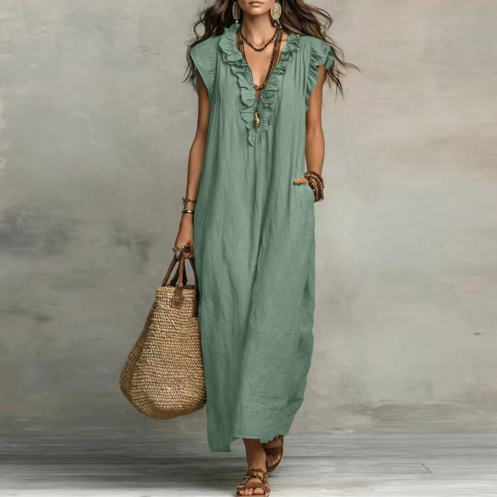 ✨⏰2026 Summer Solid Color Elegant Temperament Flying Sleeve Dress