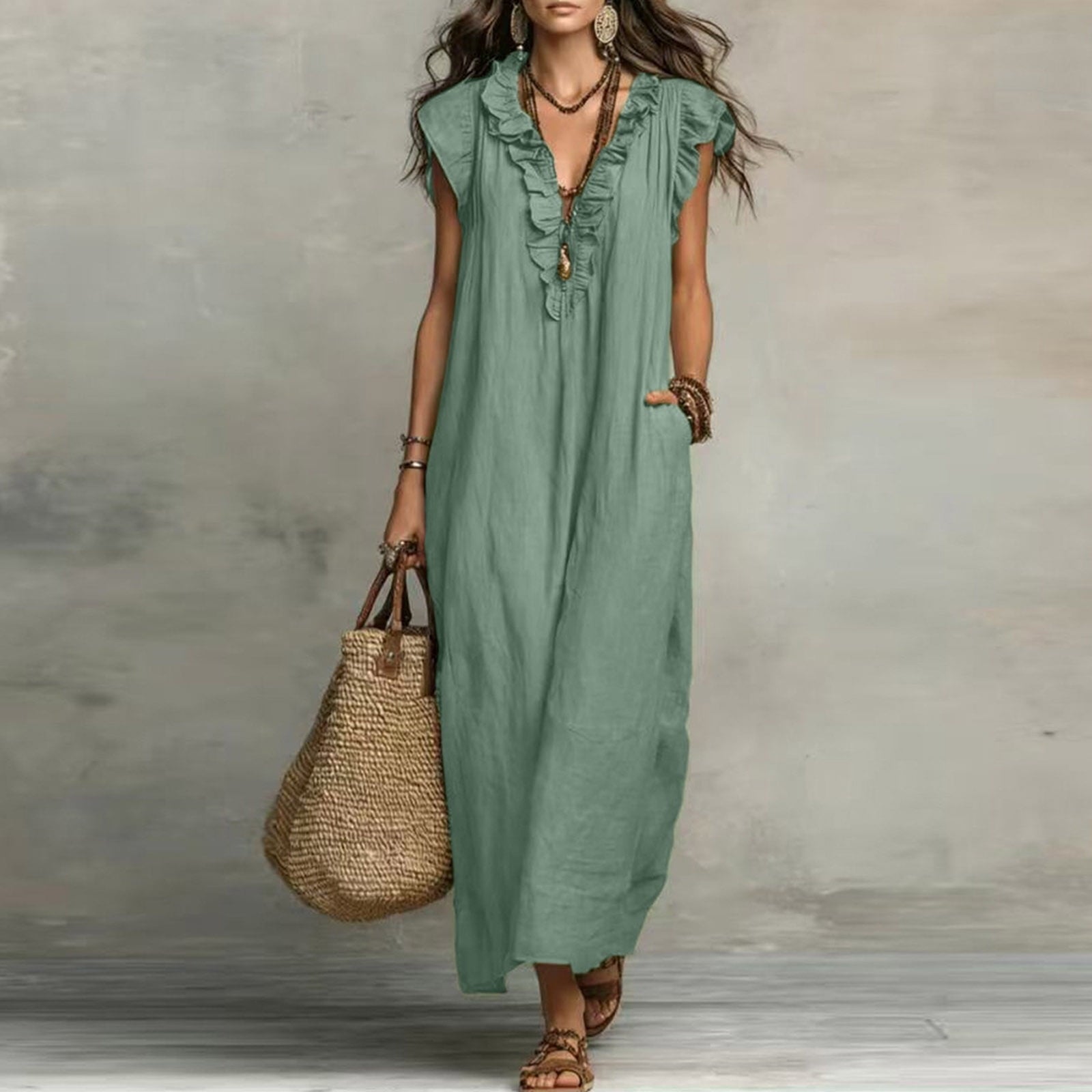 ✨⏰2026 Summer Solid Color Elegant Temperament Flying Sleeve Dress