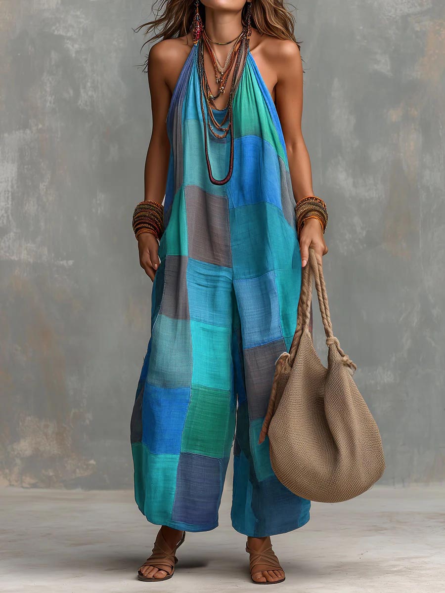 ✨✨LAST DAY SAVE 49% ⏰Women's Plaid-print Casual Loose Halter-neck Cotton-linen Wide-leg Jumpsuit