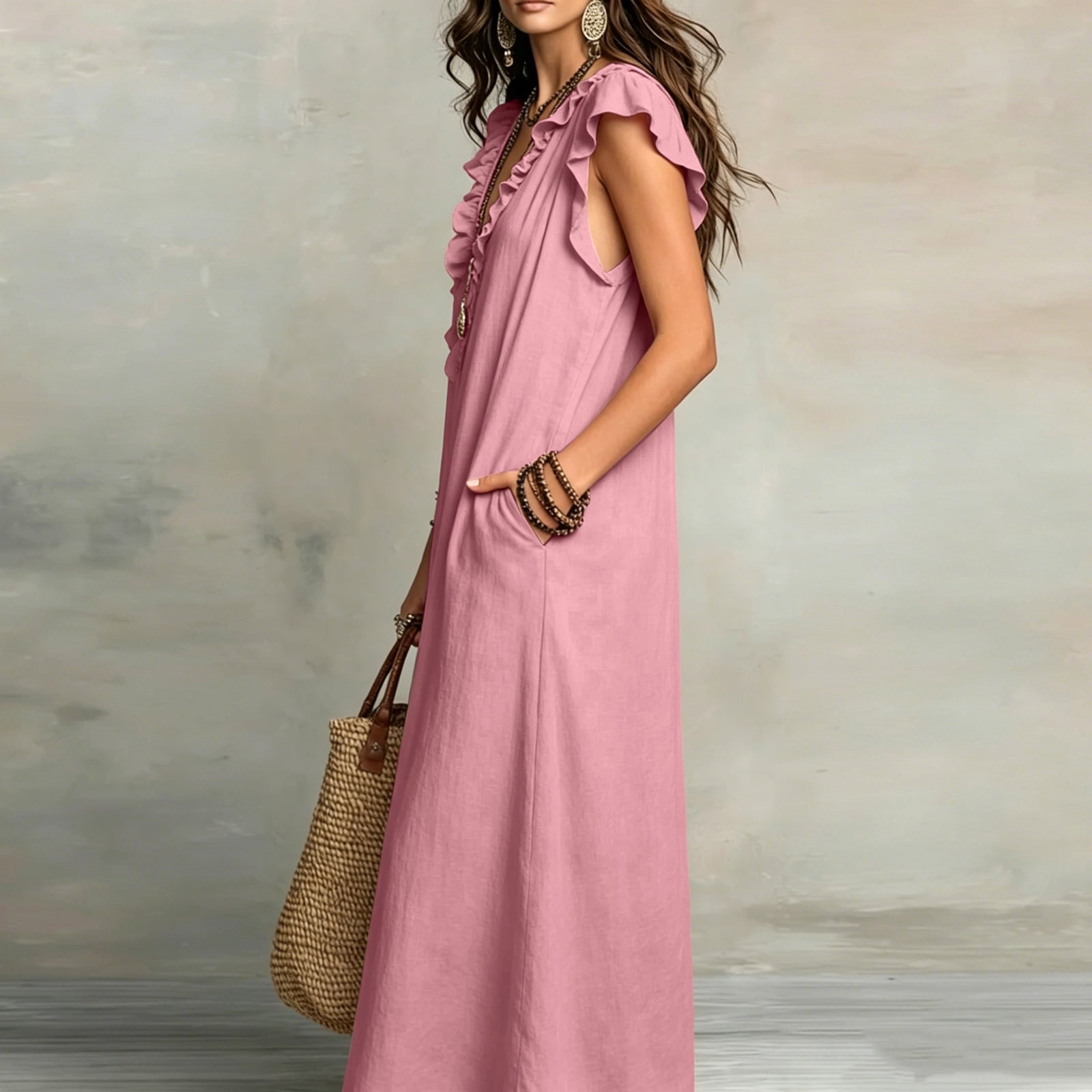 ✨⏰2026 Summer Solid Color Elegant Temperament Flying Sleeve Dress
