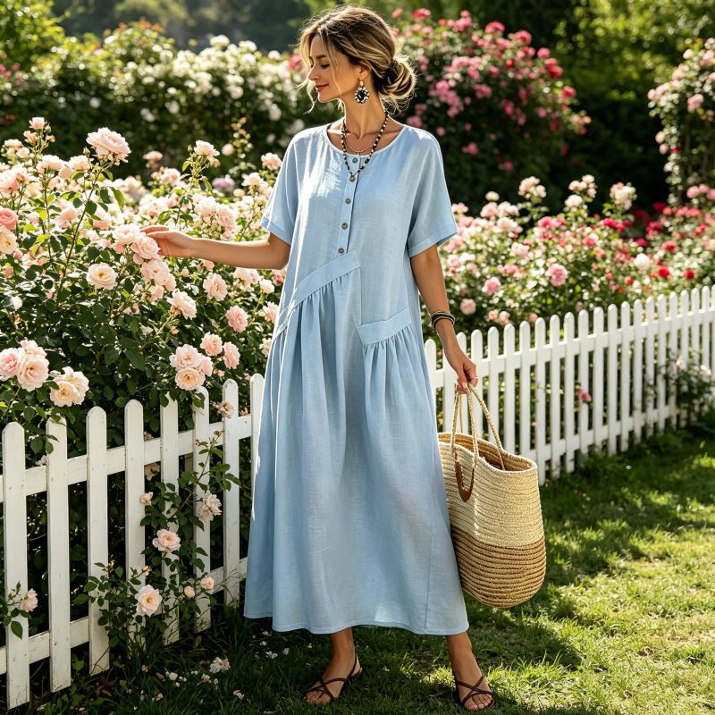 🎁New Arrivals🔥Women's Button-Front Short Sleeve Maxi Dress