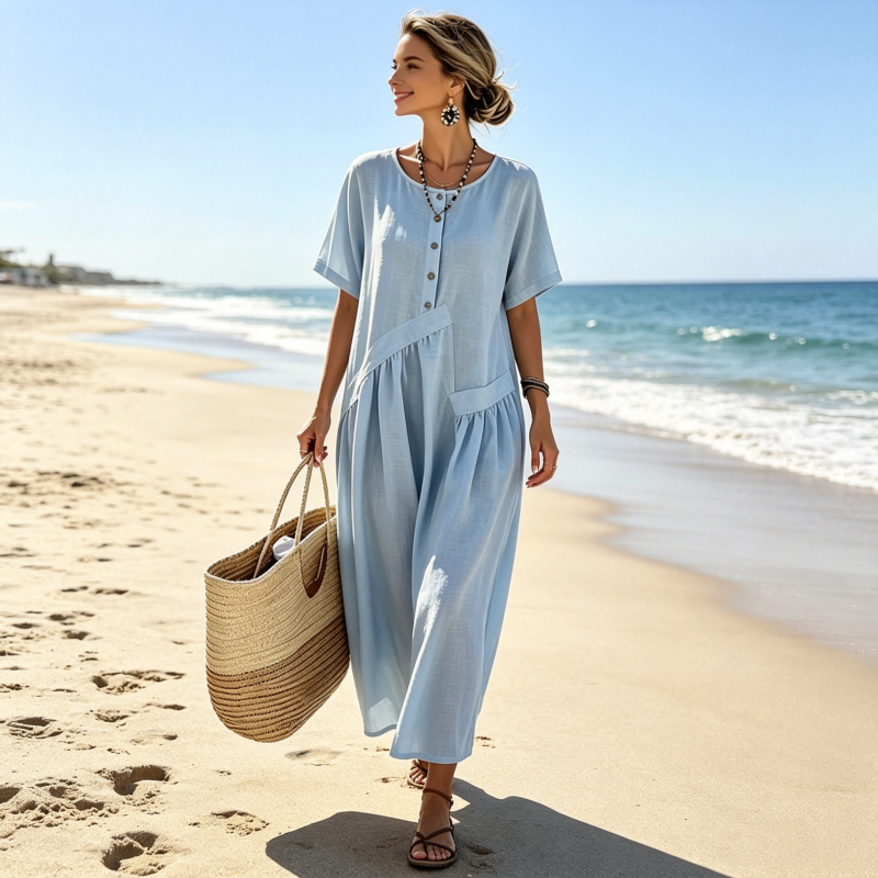 🎁New Arrivals🔥Women's Button-Front Short Sleeve Maxi Dress