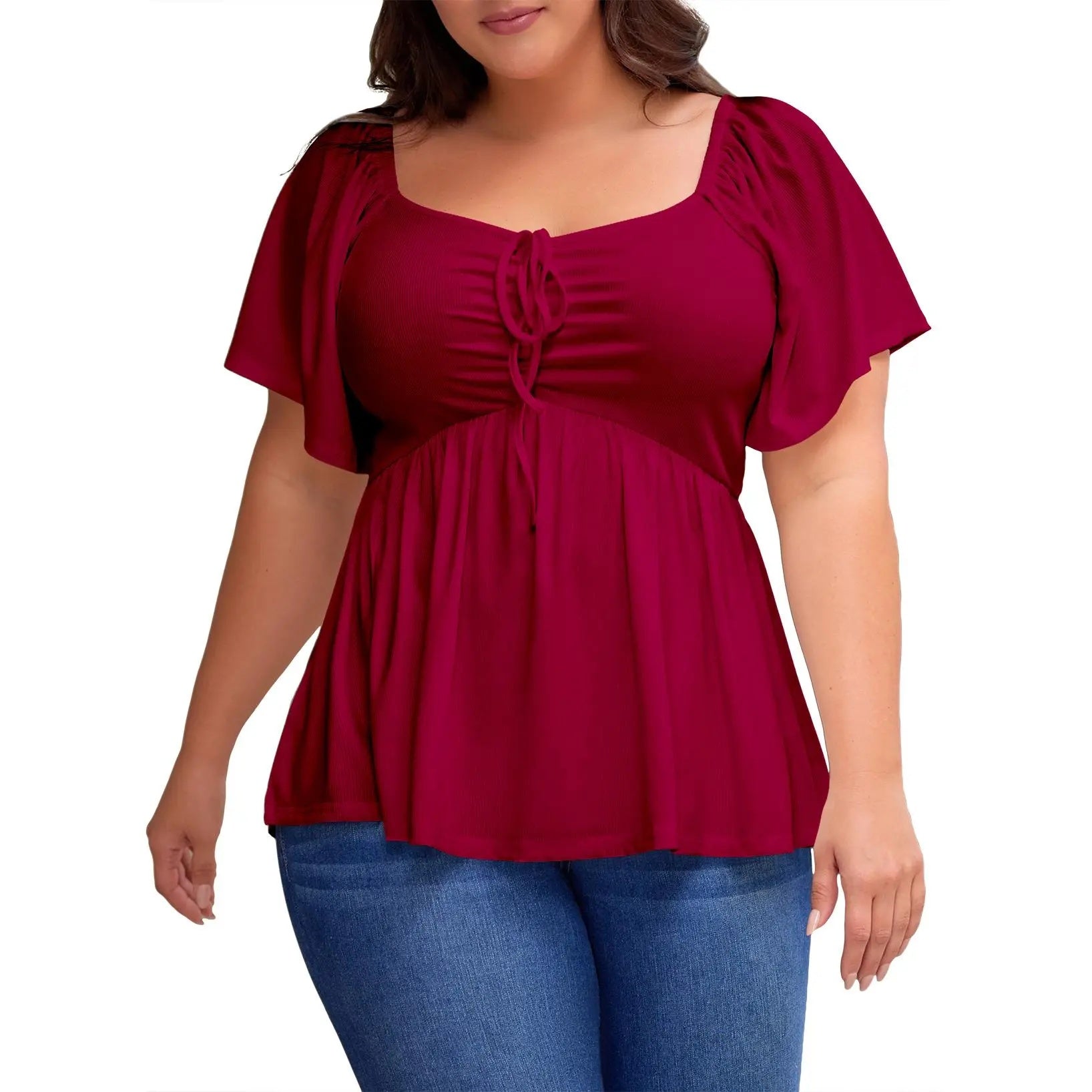 ✨⏰Women Plus Size Sweetheart Neck Short Sleeve Shirred Peplum Rib Blouse Tops Shirts(1X-5X)