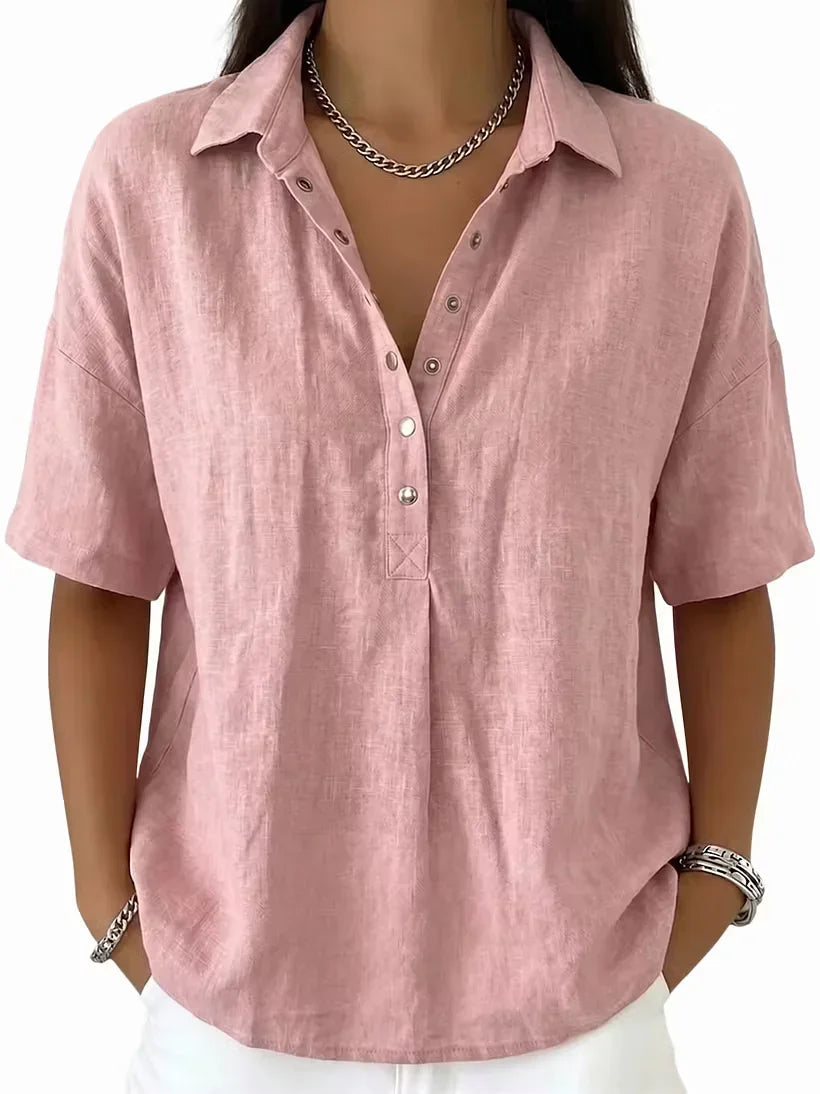 Women's Classic Linen Shirt Collar Short Sleeve Shirt T Shirts