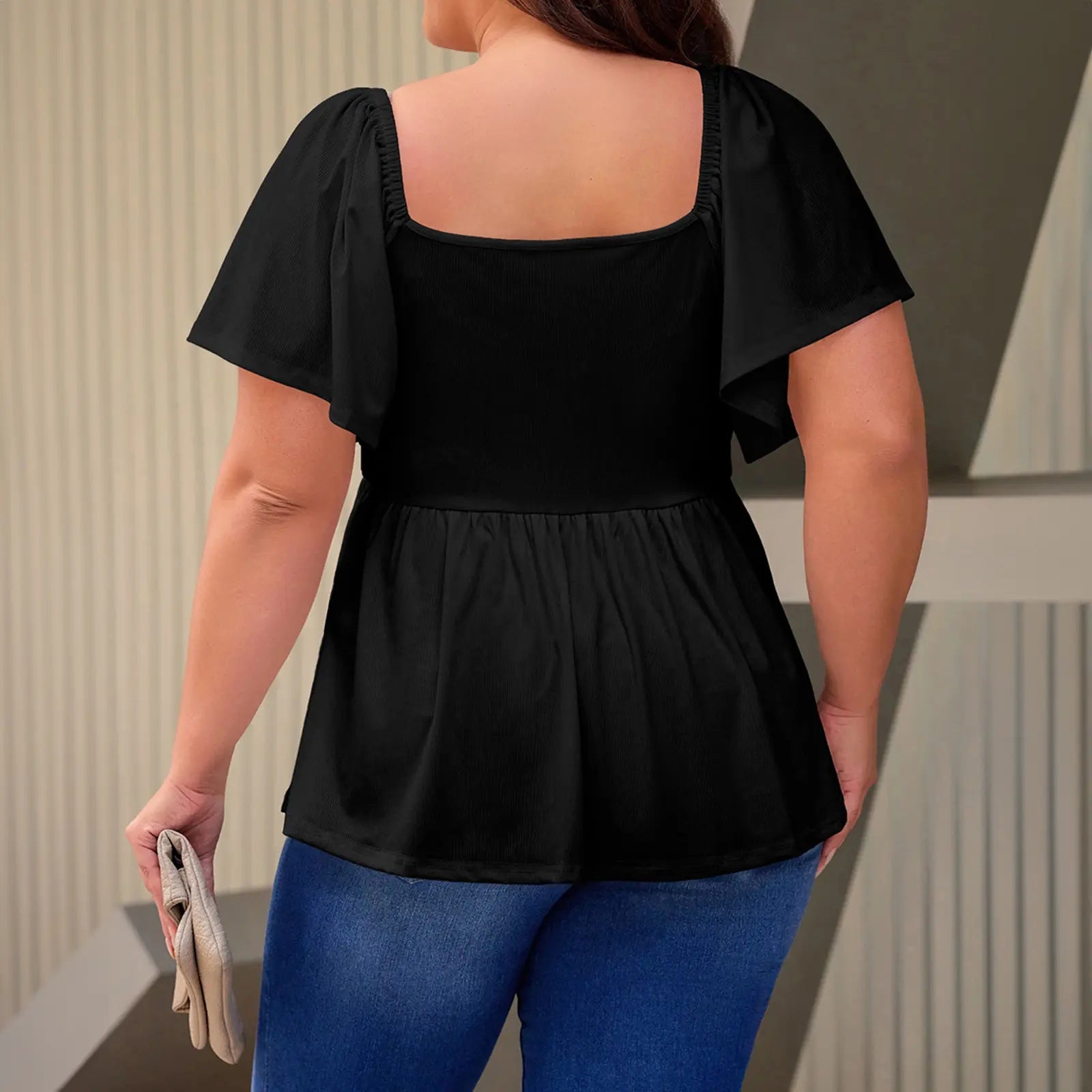 ✨⏰Women Plus Size Sweetheart Neck Short Sleeve Shirred Peplum Rib Blouse Tops Shirts(1X-5X)