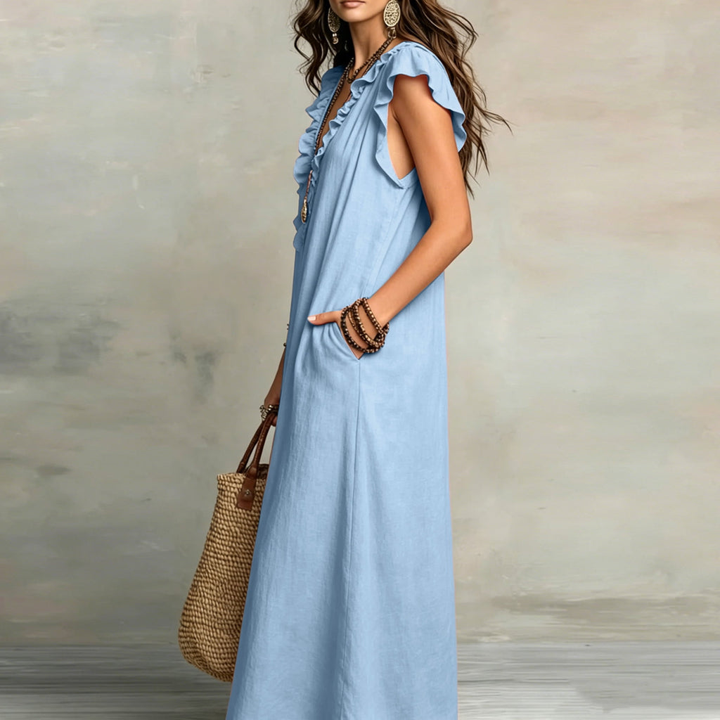 ✨⏰2026 Summer Solid Color Elegant Temperament Flying Sleeve Dress