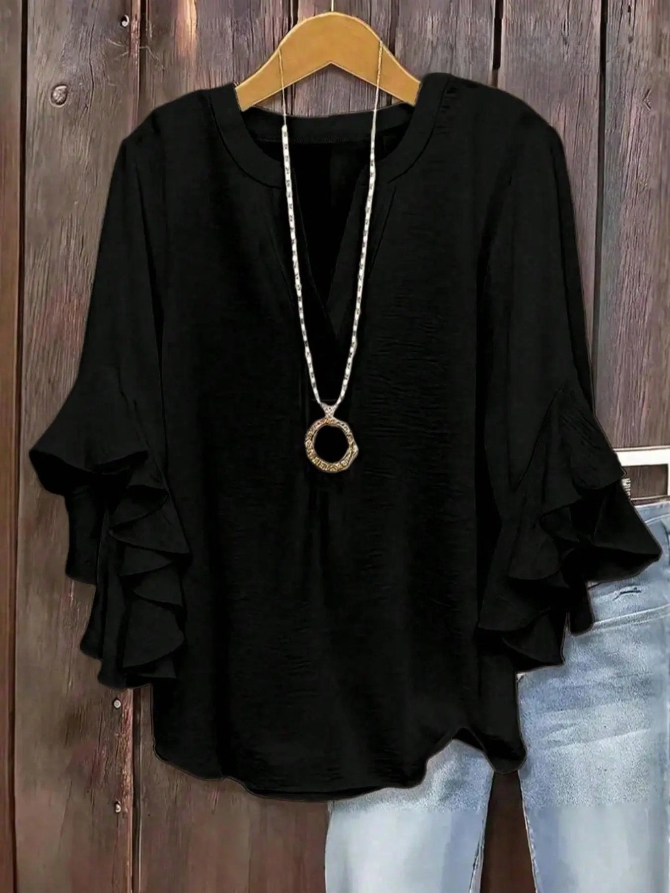 🎁New Arrivals🔥Plus Size Women's Ruffle Sleeve V-Neck Shirt