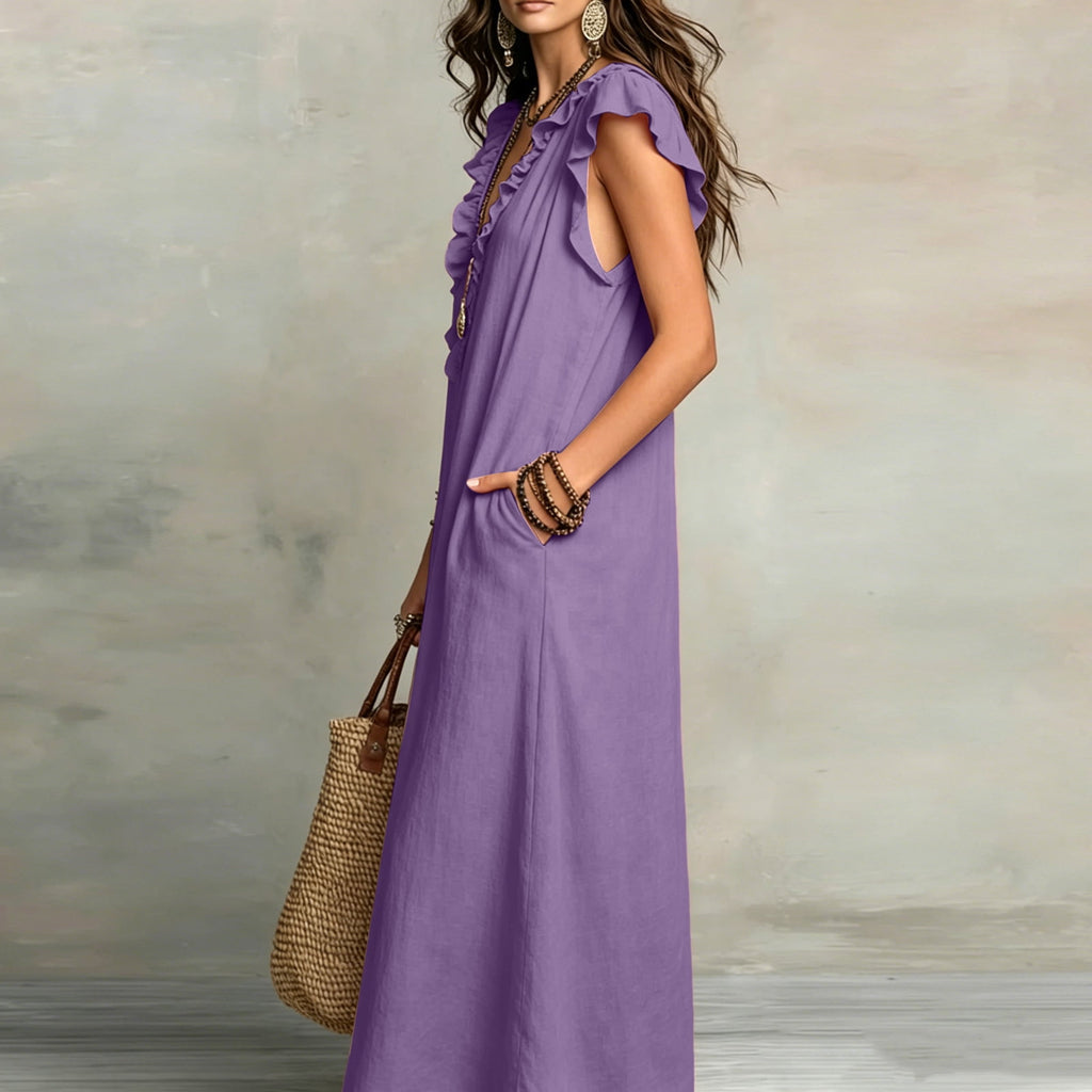 ✨⏰2026 Summer Solid Color Elegant Temperament Flying Sleeve Dress