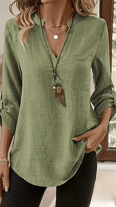 🎁New Arrivals🔥Women's Army Green Linen-Blend Henley Shirt