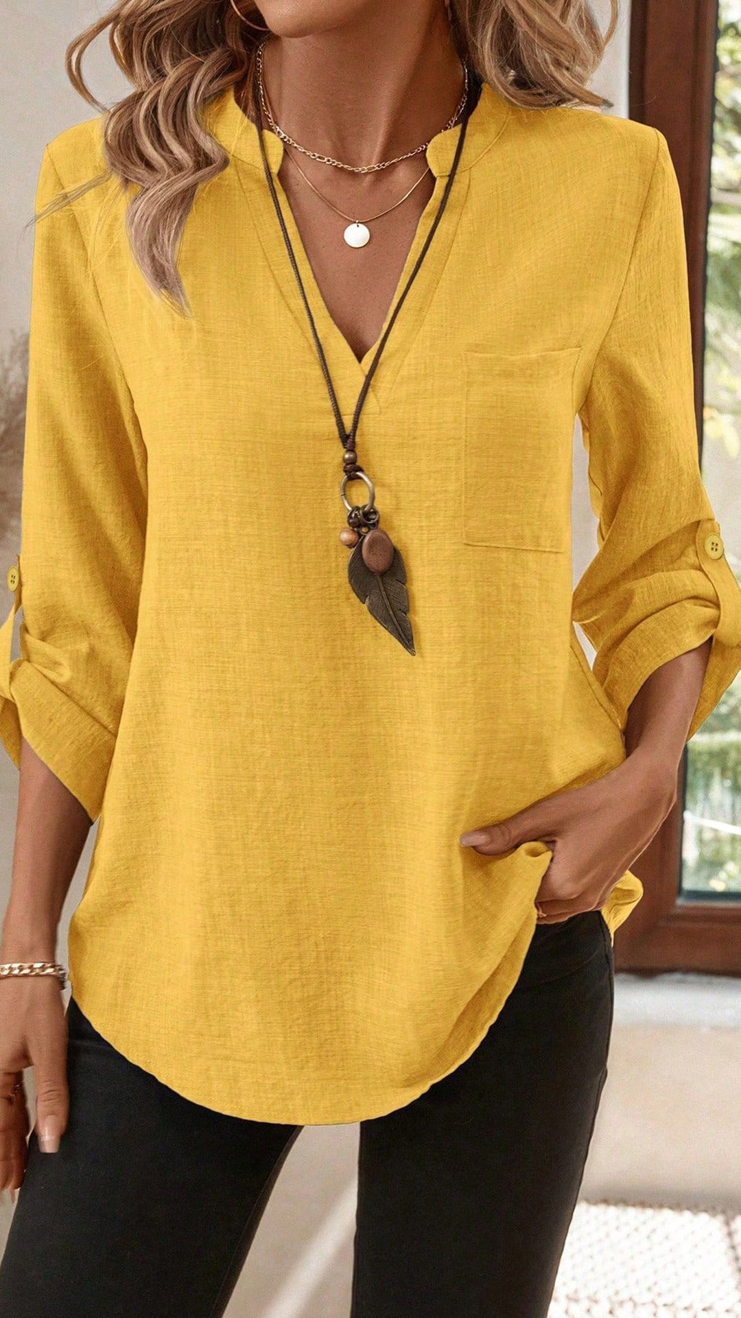 🎁New Arrivals🔥Women's Army Green Linen-Blend Henley Shirt