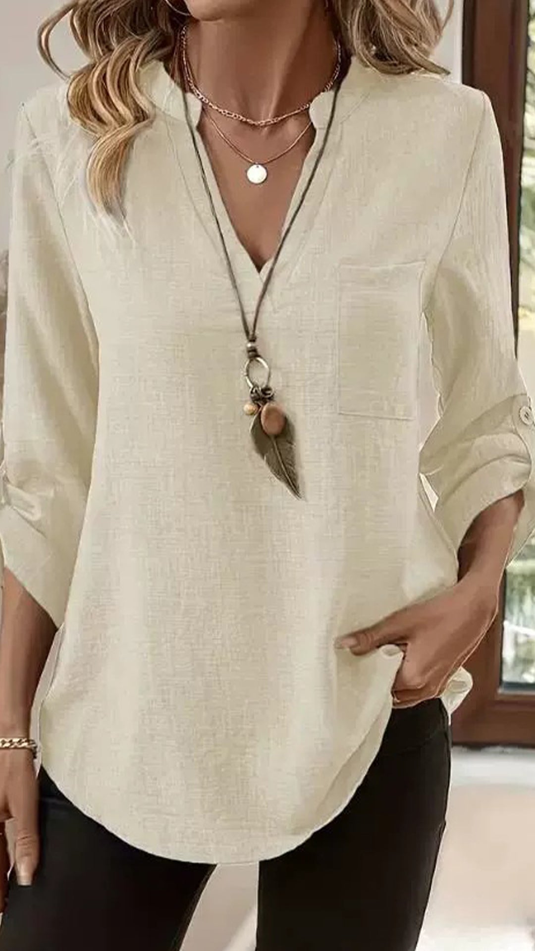 🎁New Arrivals🔥Women's Army Green Linen-Blend Henley Shirt