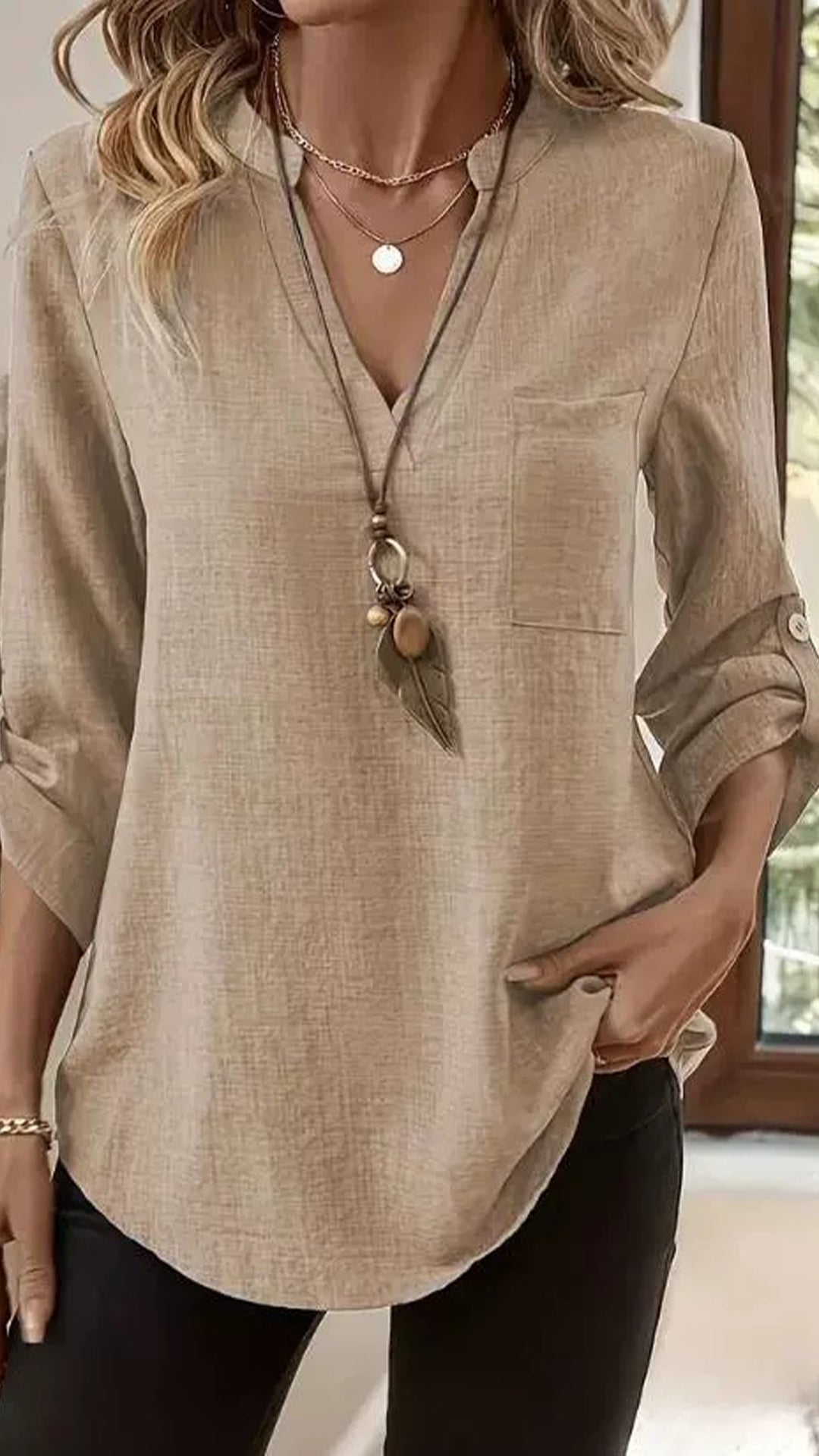 🎁New Arrivals🔥Women's Army Green Linen-Blend Henley Shirt