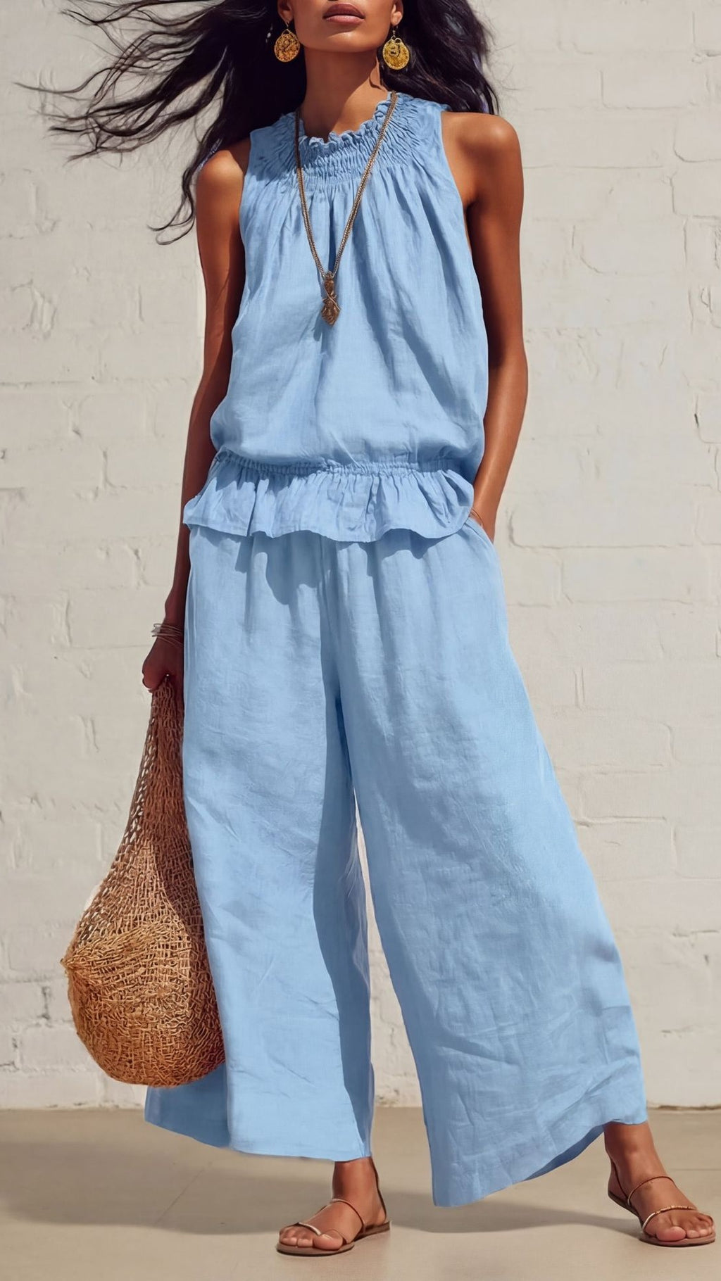 🎁New Arrivals🔥Women's Vintage Bohemian Ruffled Cotton-Linen Two-Piece Set