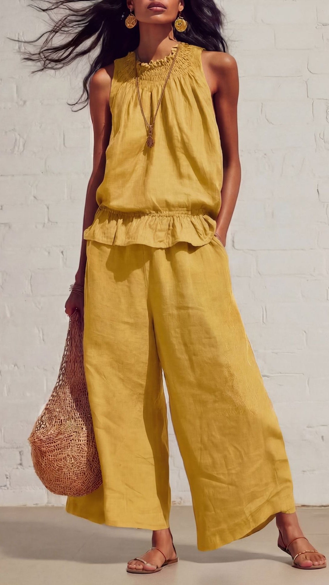 🎁New Arrivals🔥Women's Vintage Bohemian Ruffled Cotton-Linen Two-Piece Set