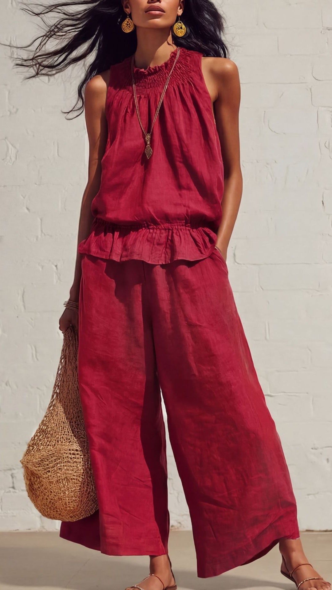 🎁New Arrivals🔥Women's Vintage Bohemian Ruffled Cotton-Linen Two-Piece Set