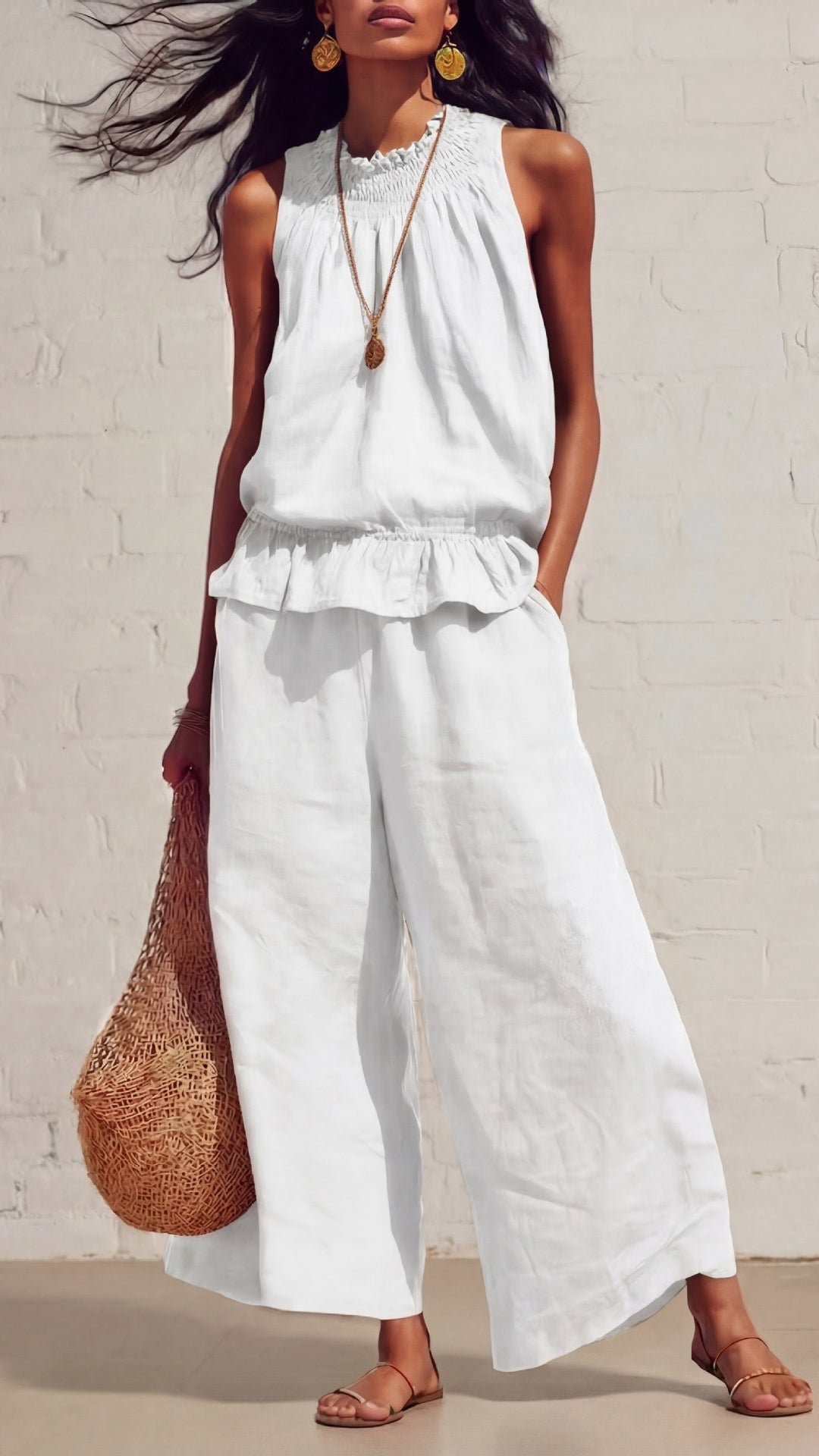 🎁New Arrivals🔥Women's Vintage Bohemian Ruffled Cotton-Linen Two-Piece Set