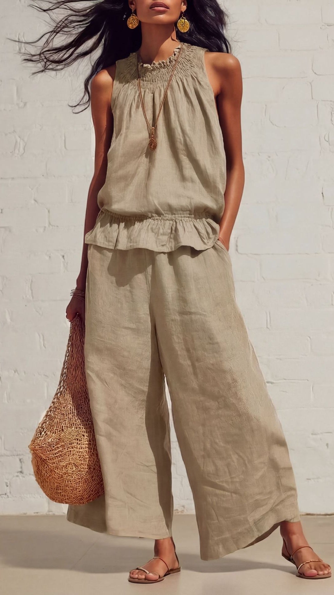 🎁New Arrivals🔥Women's Vintage Bohemian Ruffled Cotton-Linen Two-Piece Set