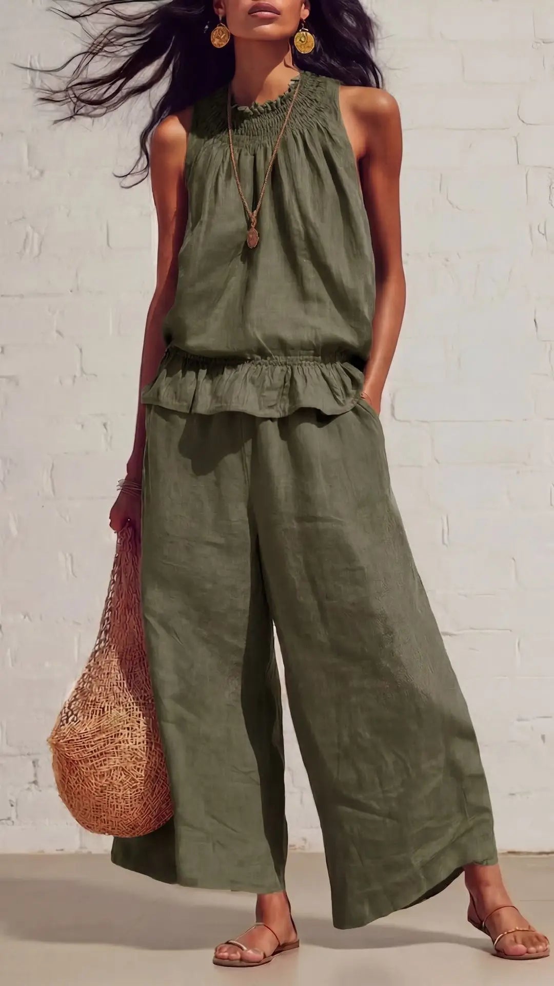 🎁New Arrivals🔥Women's Vintage Bohemian Ruffled Cotton-Linen Two-Piece Set