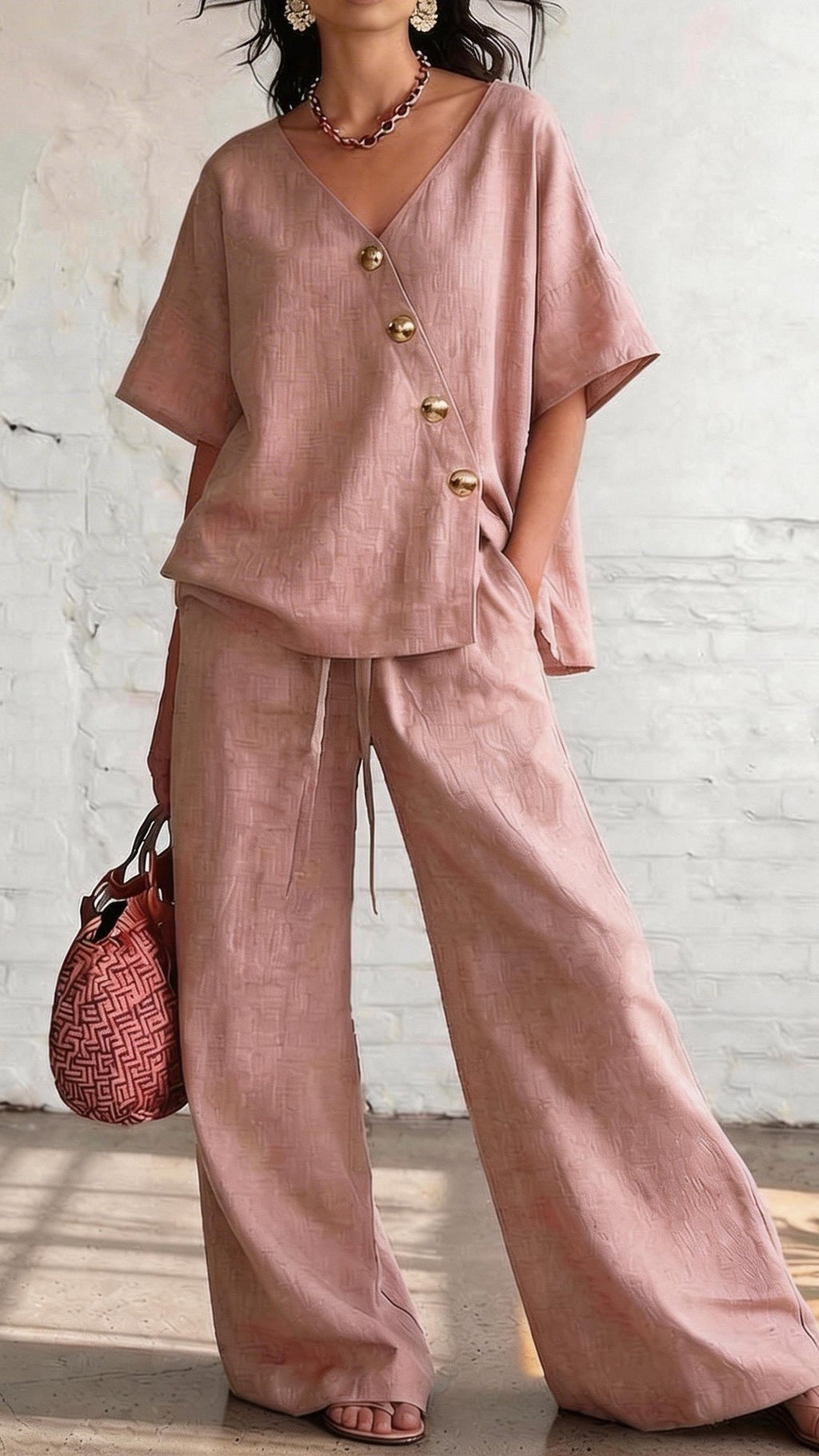 🎁New Arrivals🔥Women's Casual Vacation Loose Cotton Linen V-Neck Wide-Leg Pants Two-Piece Set