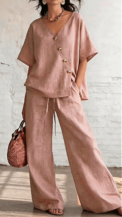 🎁New Arrivals🔥Women's Casual Vacation Loose Cotton Linen V-Neck Wide-Leg Pants Two-Piece Set