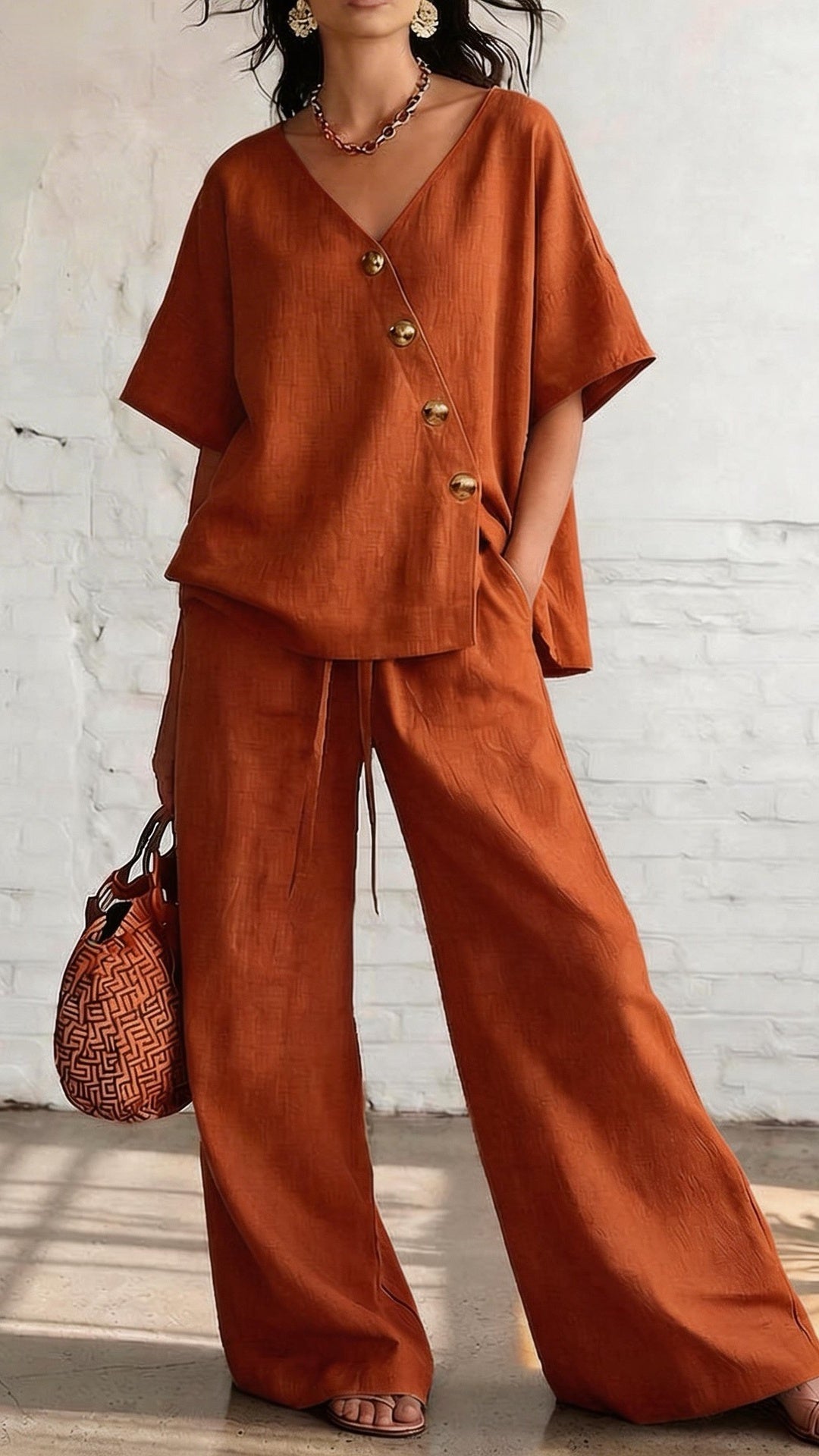 🎁New Arrivals🔥Women's Casual Vacation Loose Cotton Linen V-Neck Wide-Leg Pants Two-Piece Set