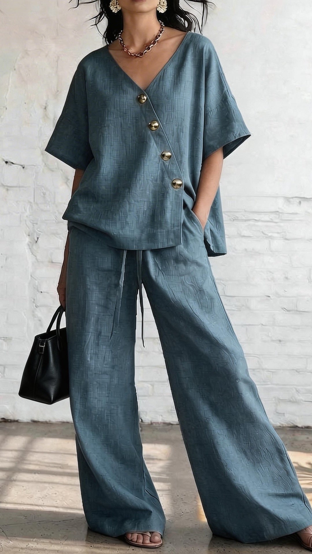 🎁New Arrivals🔥Women's Casual Vacation Loose Cotton Linen V-Neck Wide-Leg Pants Two-Piece Set