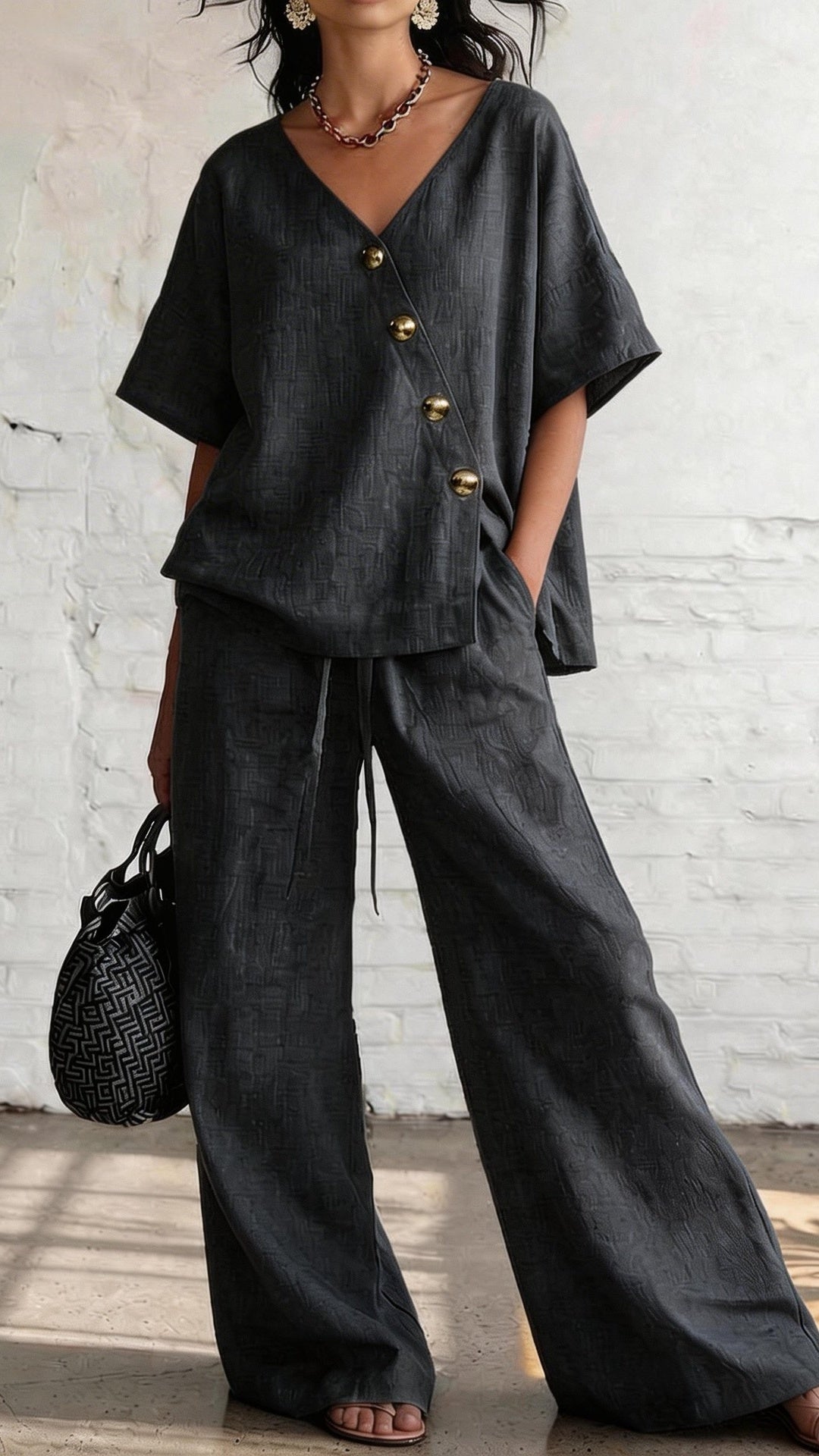 🎁New Arrivals🔥Women's Casual Vacation Loose Cotton Linen V-Neck Wide-Leg Pants Two-Piece Set