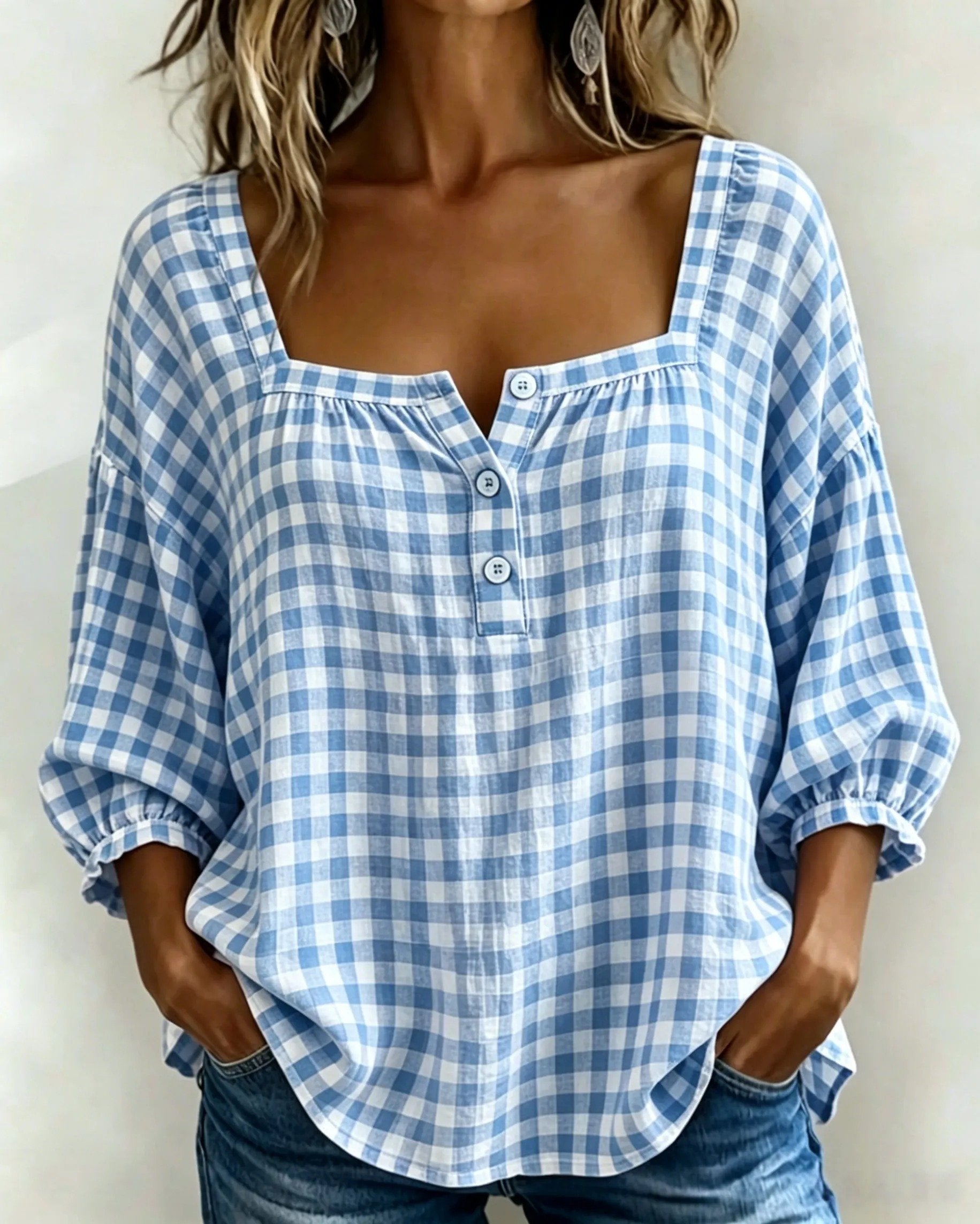 🎁New Arrivals🔥Women's Cotton Linen Gingham Square-Neck Short-Sleeve Top