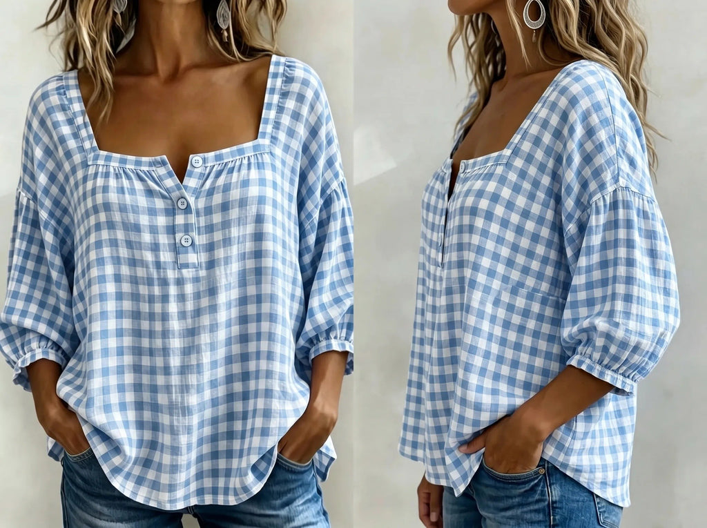 🎁New Arrivals🔥Women's Cotton Linen Gingham Square-Neck Short-Sleeve Top