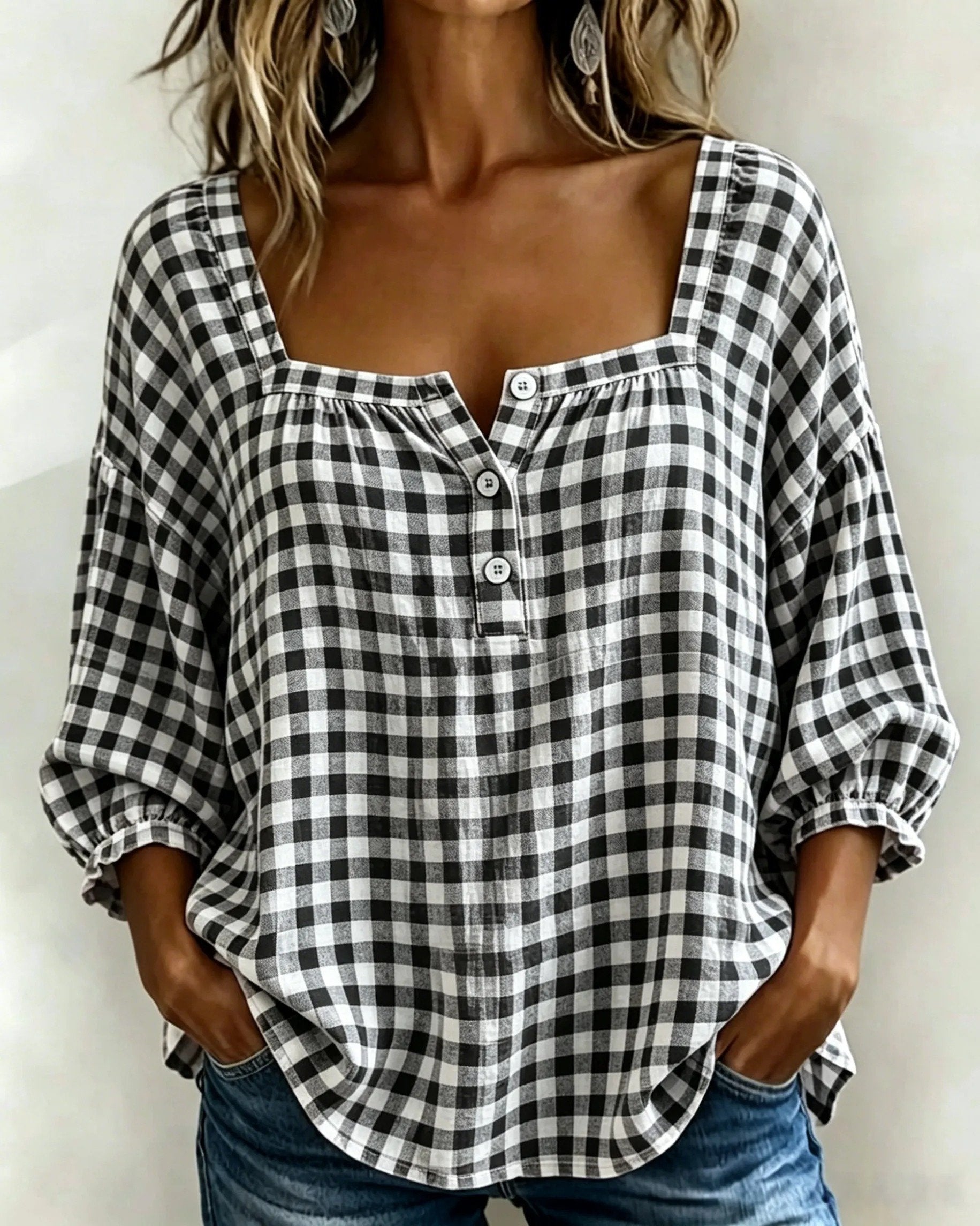 🎁New Arrivals🔥Women's Cotton Linen Gingham Square-Neck Short-Sleeve Top