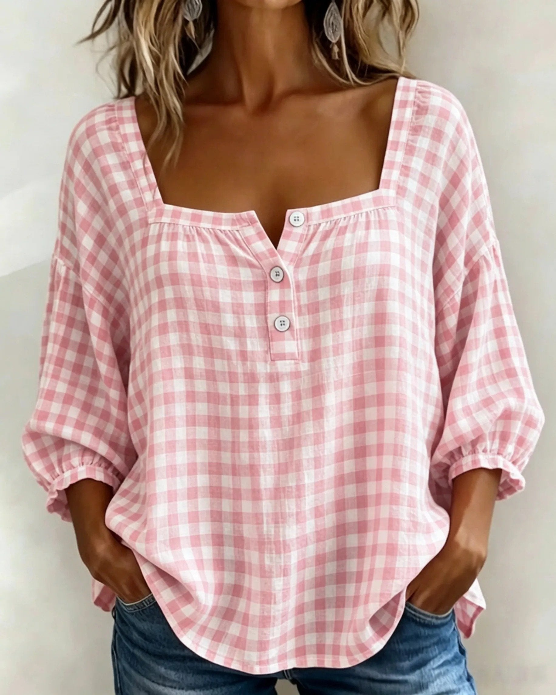 🎁New Arrivals🔥Women's Cotton Linen Gingham Square-Neck Short-Sleeve Top