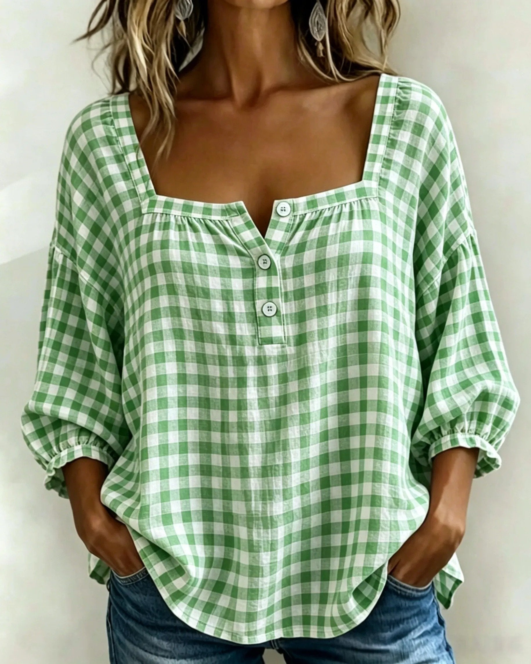 🎁New Arrivals🔥Women's Cotton Linen Gingham Square-Neck Short-Sleeve Top