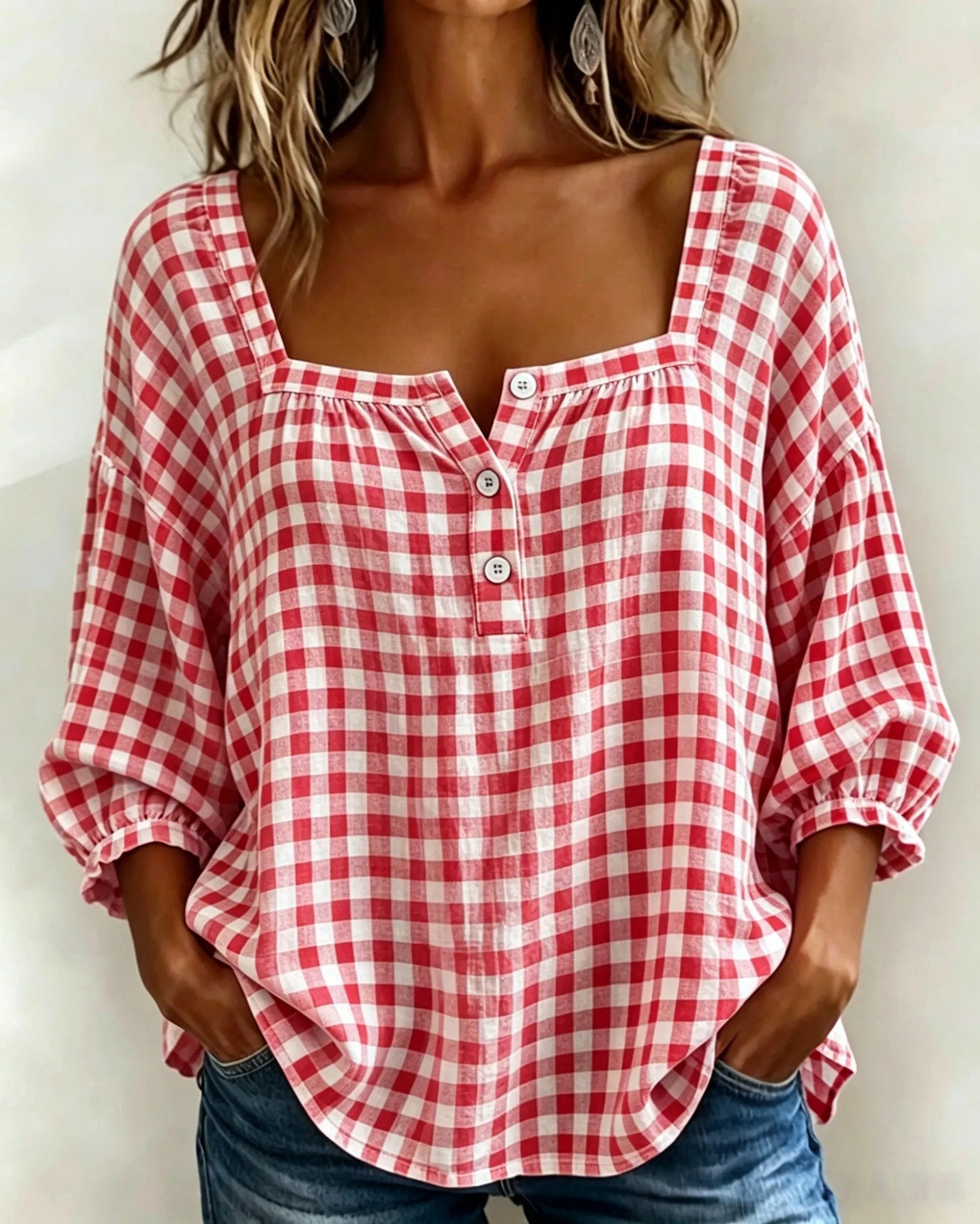 🎁New Arrivals🔥Women's Cotton Linen Gingham Square-Neck Short-Sleeve Top