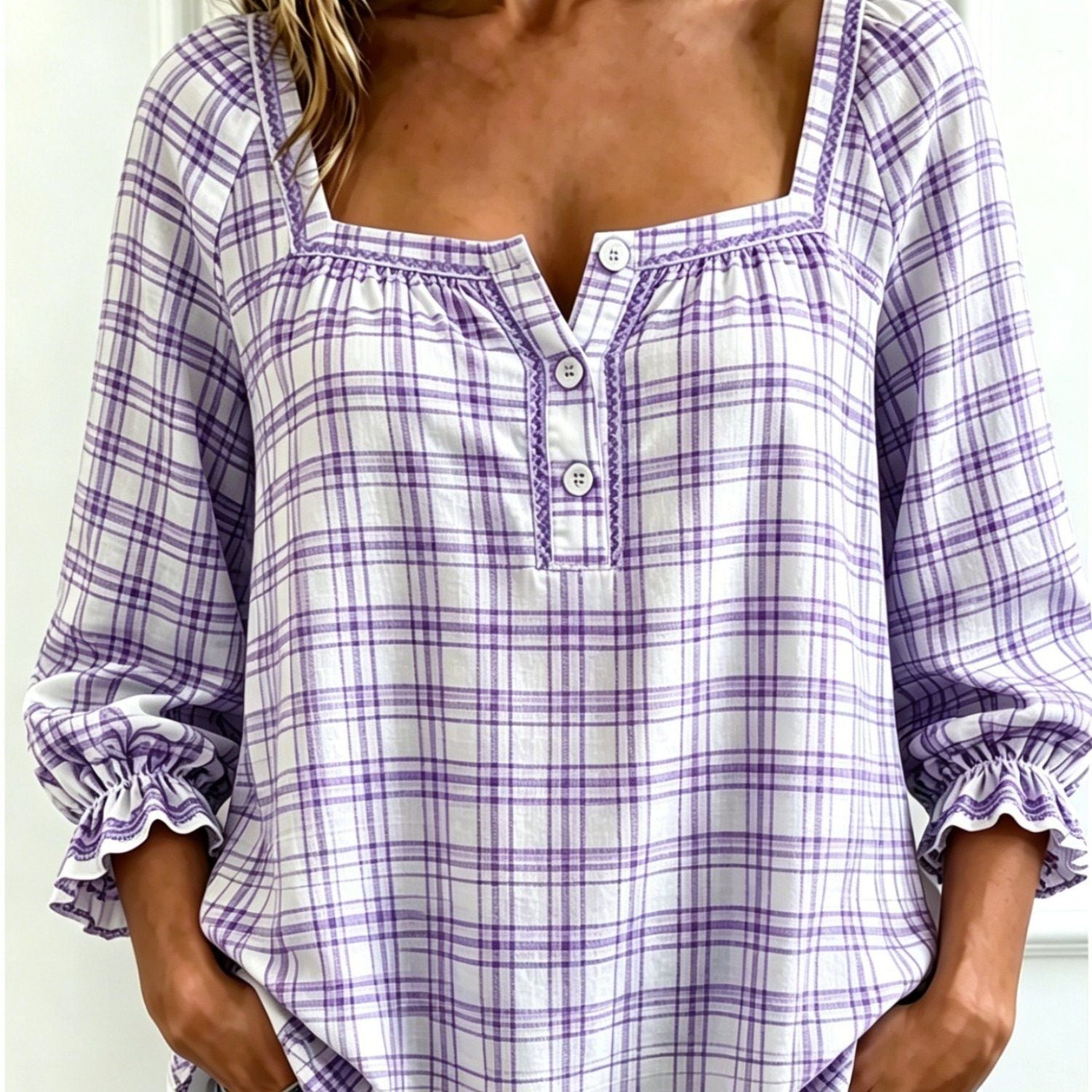 🎁New Arrivals🔥Women's Cotton Linen Gingham Square-Neck Short-Sleeve Top