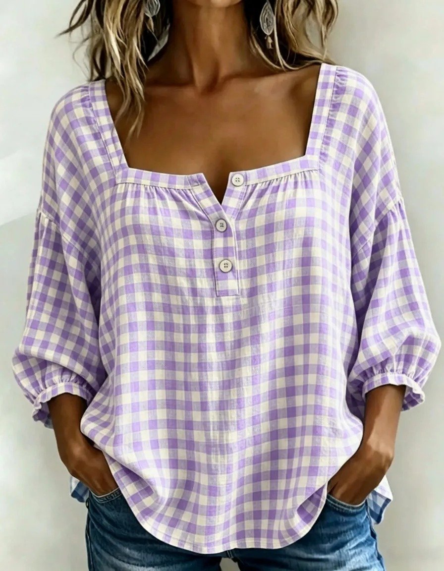 🎁New Arrivals🔥Women's Cotton Linen Gingham Square-Neck Short-Sleeve Top