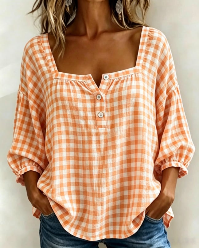 🎁New Arrivals🔥Women's Cotton Linen Gingham Square-Neck Short-Sleeve Top