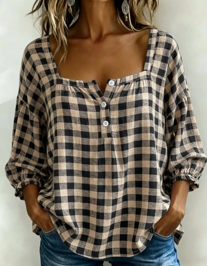 🎁New Arrivals🔥Women's Cotton Linen Gingham Square-Neck Short-Sleeve Top
