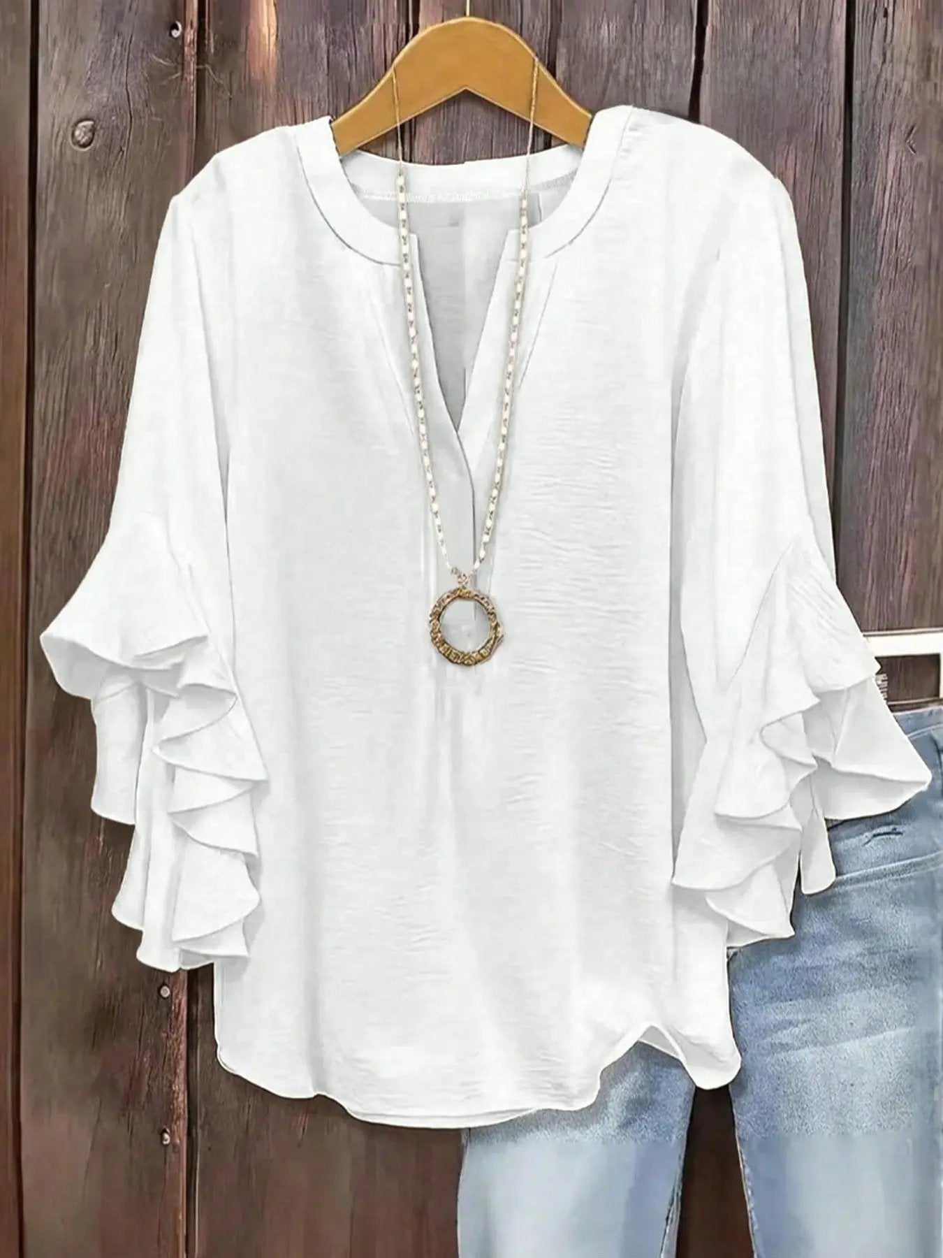 🎁New Arrivals🔥Plus Size Women's Ruffle Sleeve V-Neck Shirt