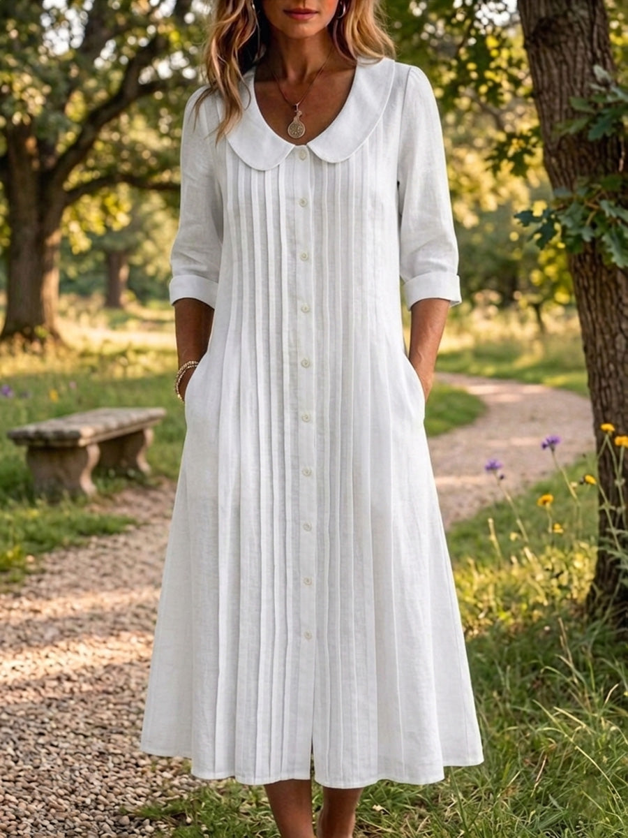 🎁New Arrivals🔥Women's Peter Pan Collar Loose Pleated Cotton-Linen Maxi Dress