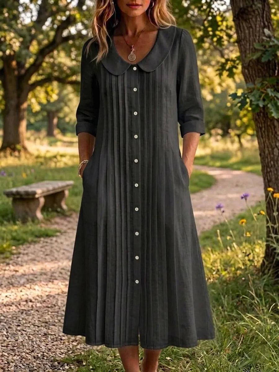 🎁New Arrivals🔥Women's Peter Pan Collar Loose Pleated Cotton-Linen Maxi Dress