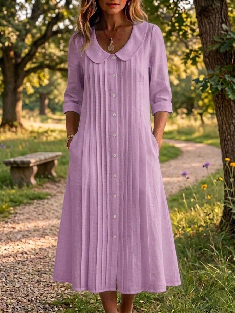🎁New Arrivals🔥Women's Peter Pan Collar Loose Pleated Cotton-Linen Maxi Dress